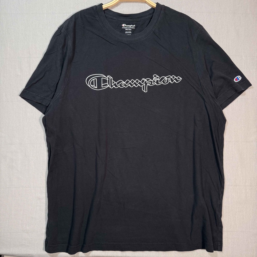 Champion Mens Black Graphic Script Logo T-Shirt 2XL Short Sleeve Cotton Tee - Picture 2 of 5